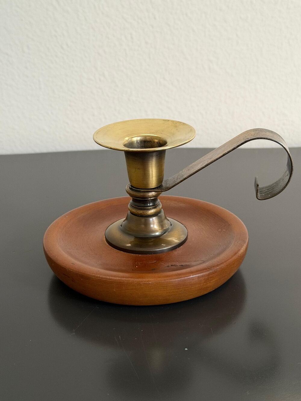Vintage brass and wood chamberstick